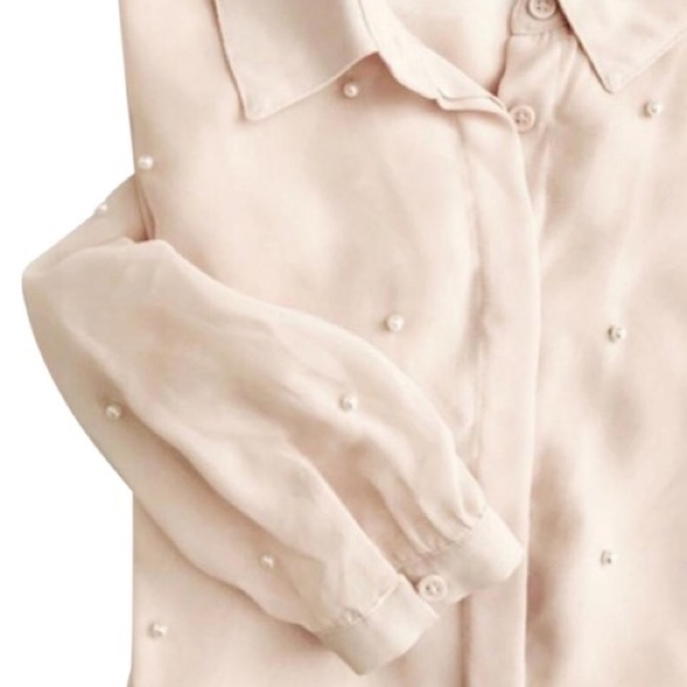 Lauren Conrad Peach Pearl Embellished Blouse Bishop Sleeve Sheer Button Up